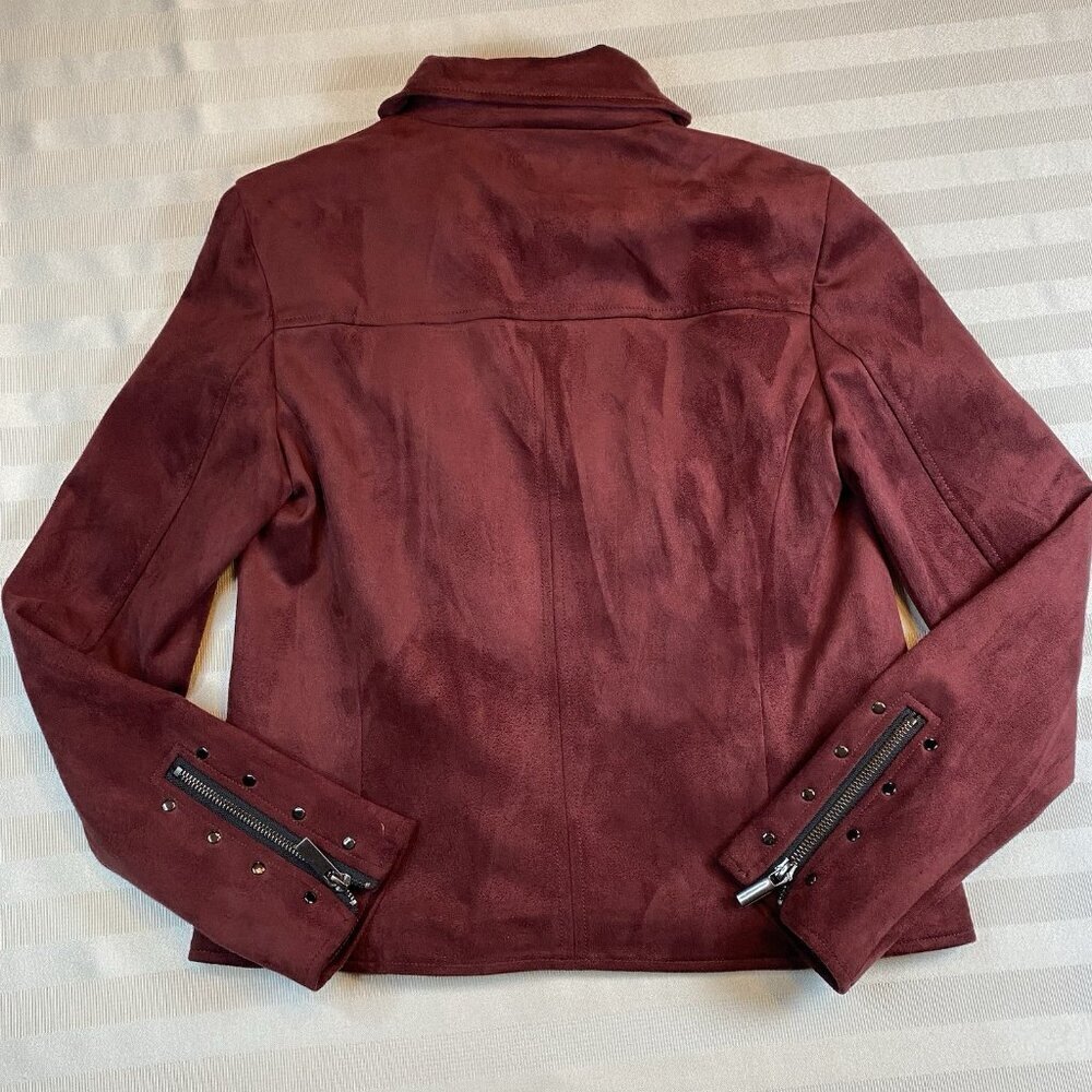 KUT From The Kloth Moto Jacket Womens Sz XS Burgundy Faux Suede Asymmetrical Zip - Picture 14 of 14